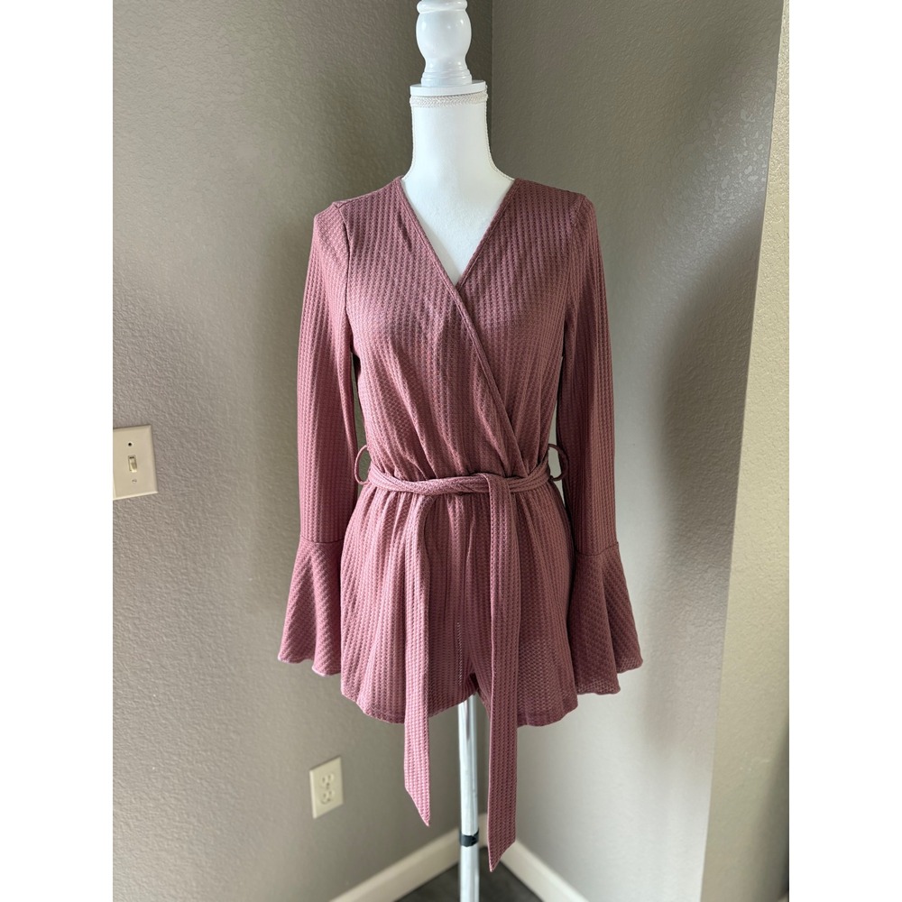 Shein Womens Mauve Pink‎ Waffle Knit Wrap Romper Bell Sleeve Tie Waist Size M